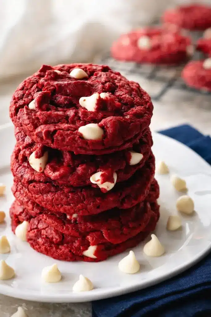 Stack of 4 ingredient red velvet cake mix cookies with white chocolate chips
