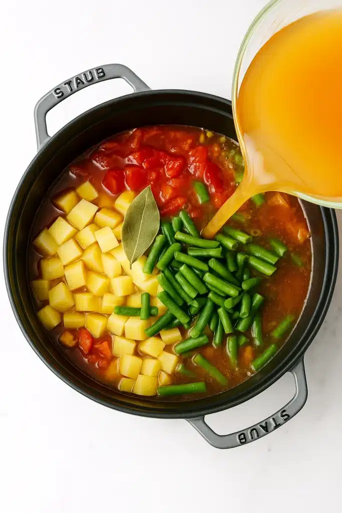 Pouring vegetable broth into pot with potatoes, tomatoes, and green beans