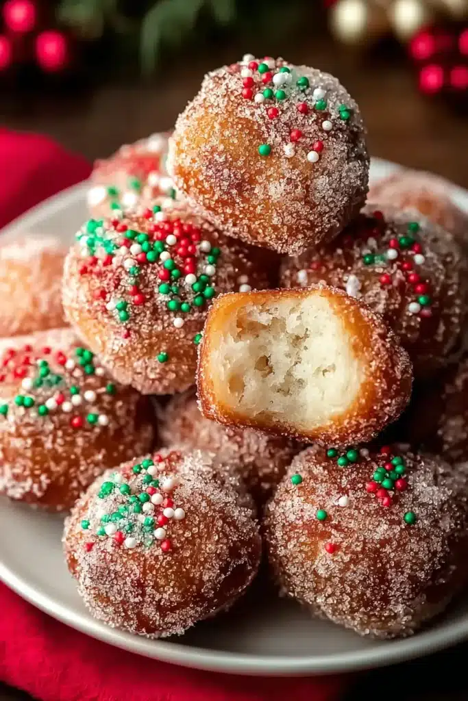 Air Fryer Christmas Donut Holes coated in cinnamon sugar and topped with festive sprinkles