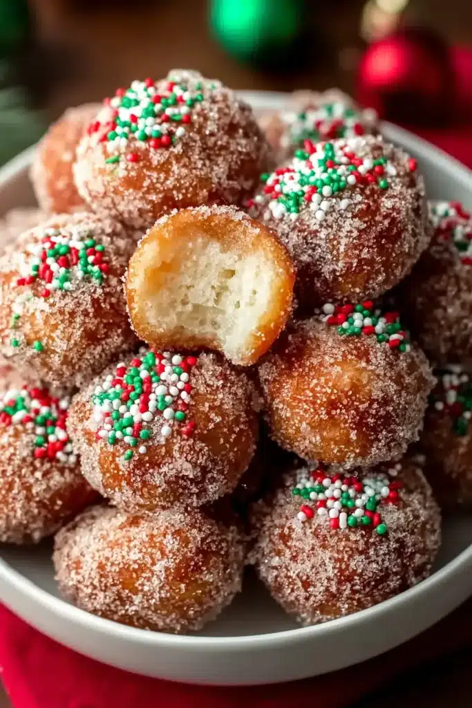 Air Fryer Christmas Donut Holes coated in cinnamon sugar and topped with festive sprinkles