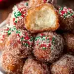 Air Fryer Christmas Donut Holes coated in cinnamon sugar and festive sprinkles