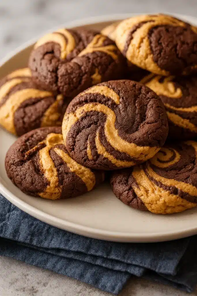 Amazing Chocolate Peanut Butter Swirl Cookies Recipe 8 Amazing Chocolate Peanut Butter Swirl Cookies stacked on a plate, soft and chewy with rich cocoa and peanut butter swirls