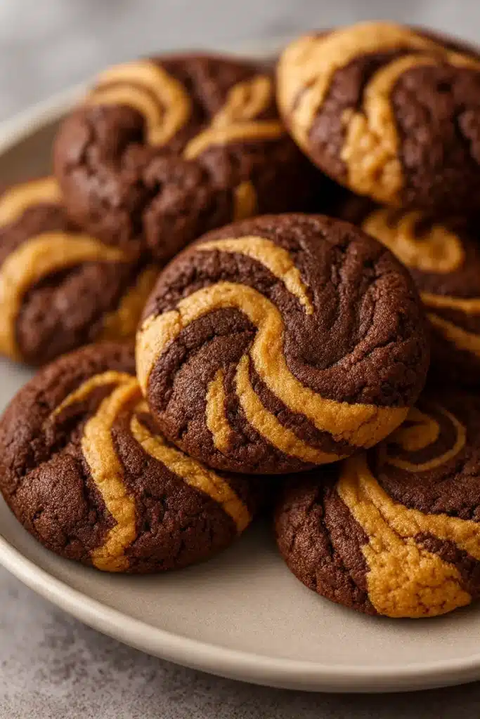 Amazing Chocolate Peanut Butter Swirl Cookies Recipe 10 Amazing Chocolate Peanut Butter Swirl Cookies on a plate after baking