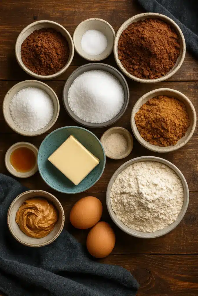 Amazing Chocolate Peanut Butter Swirl Cookies Recipe 9 Amazing Chocolate Peanut Butter Swirl Cookies ingredients flat lay on brown table