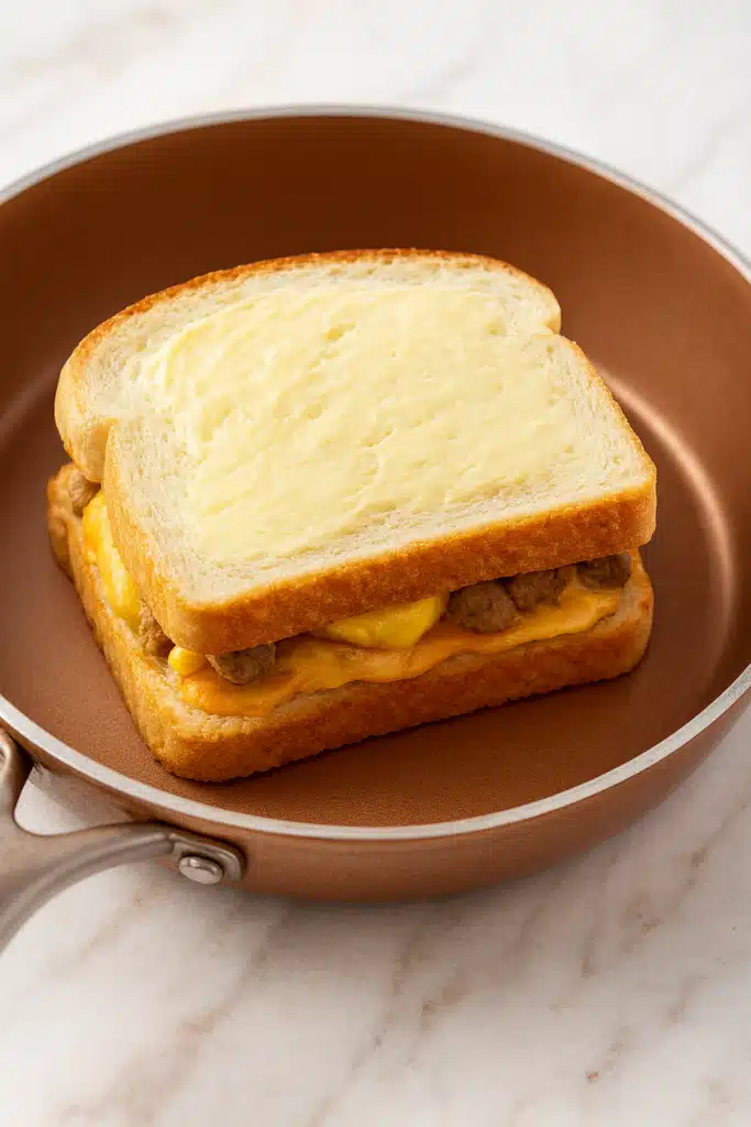 Uncooked breakfast grilled cheese sandwich in copper skillet