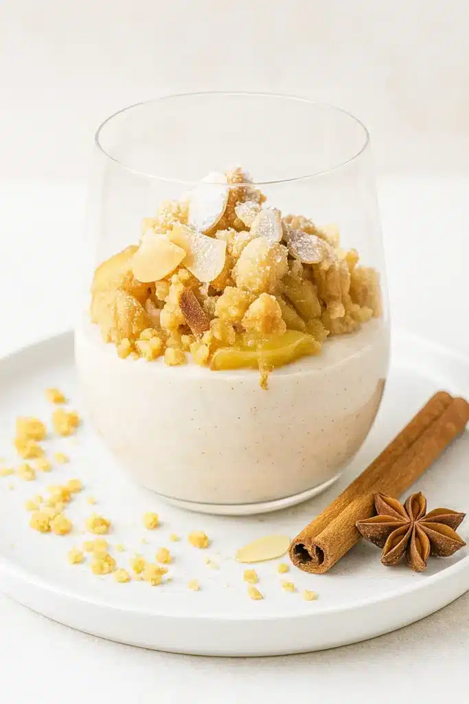 Close-up of baked apple crumble on cinnamon cream in glass cup