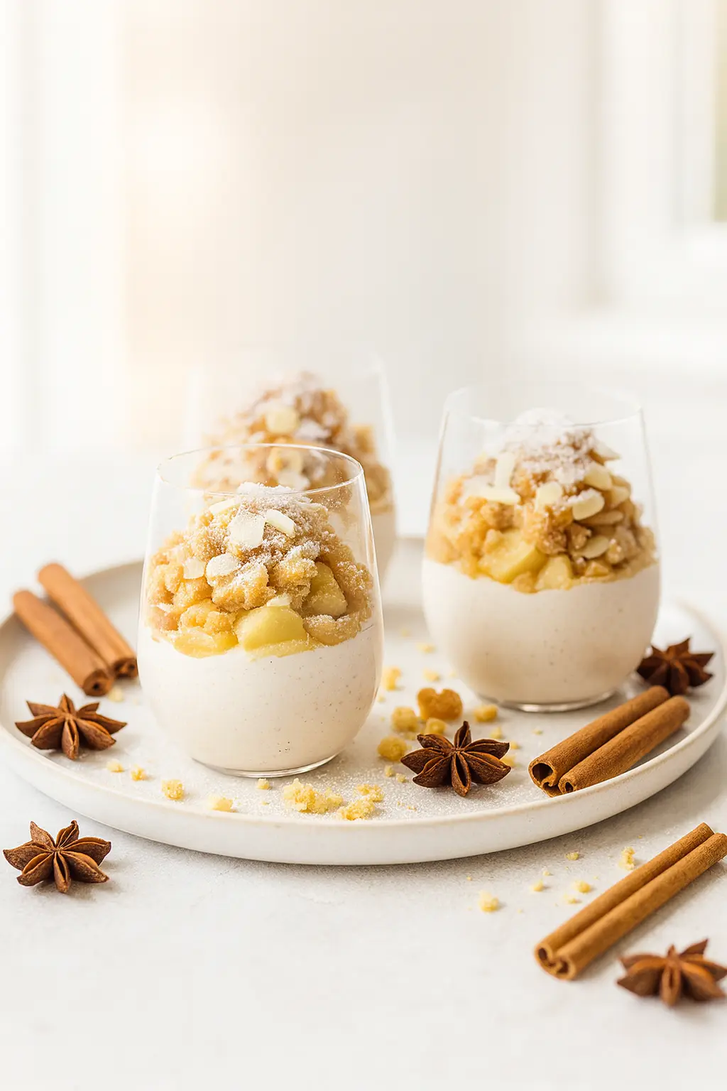 Layered baked apple crumble on cinnamon cream in glass dessert cups