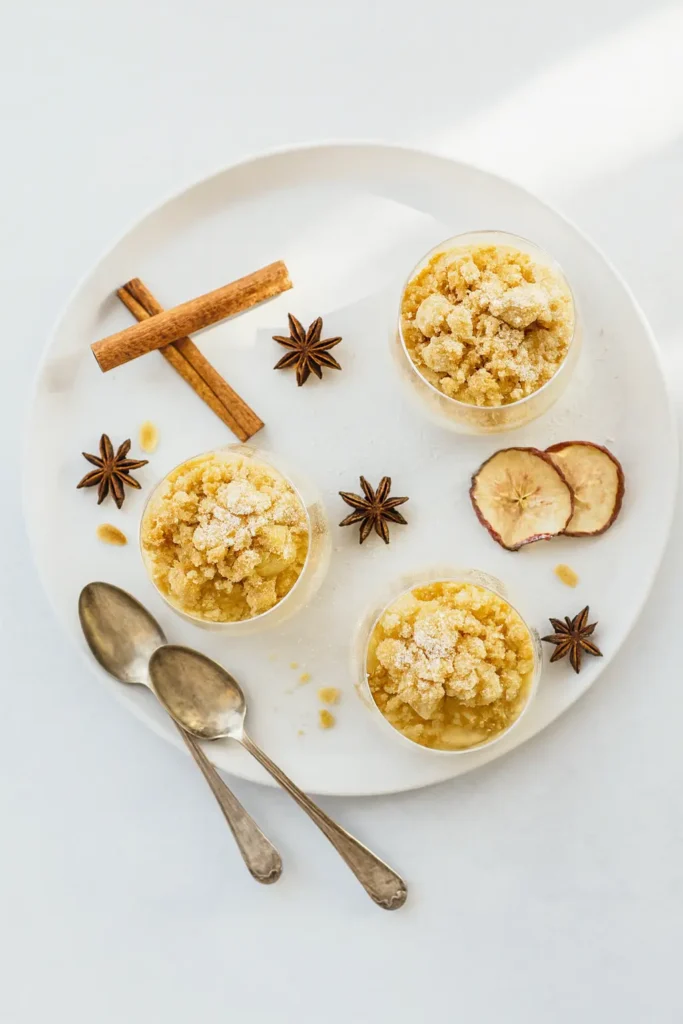 Top view of baked apple crumble on cinnamon cream in glass cups