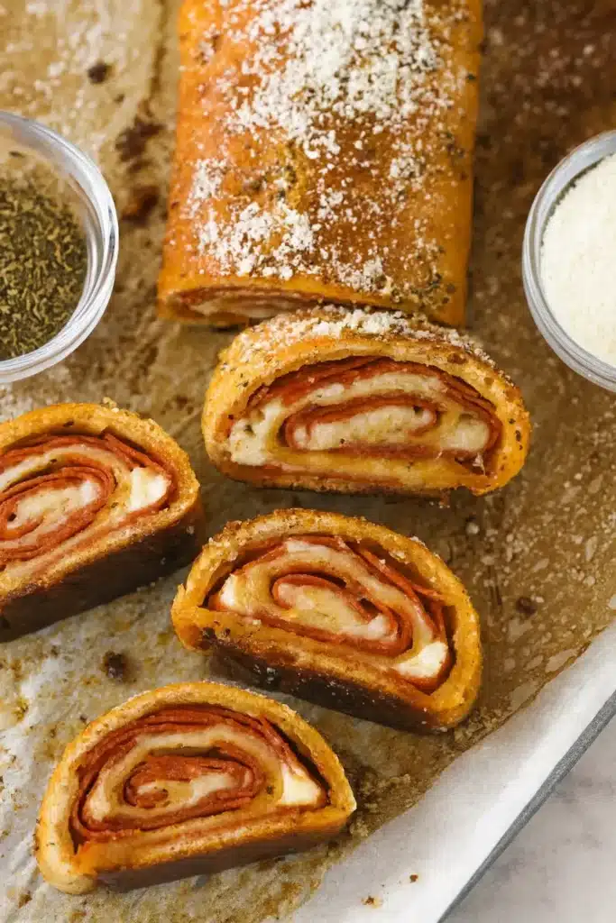 Pepperoni Rolls | Amazing Quick Dinner Recipe 9 Freshly baked pepperoni rolls sliced with cheese and herbs