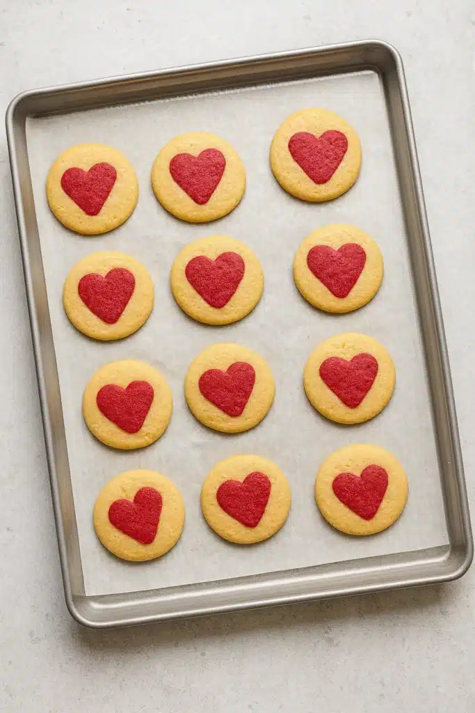 Slice and Bake Heart Cookies | Easy Valentine’s Recipe 14 Freshly baked slice and bake heart cookies on parchment-lined baking tray on white-gray surface