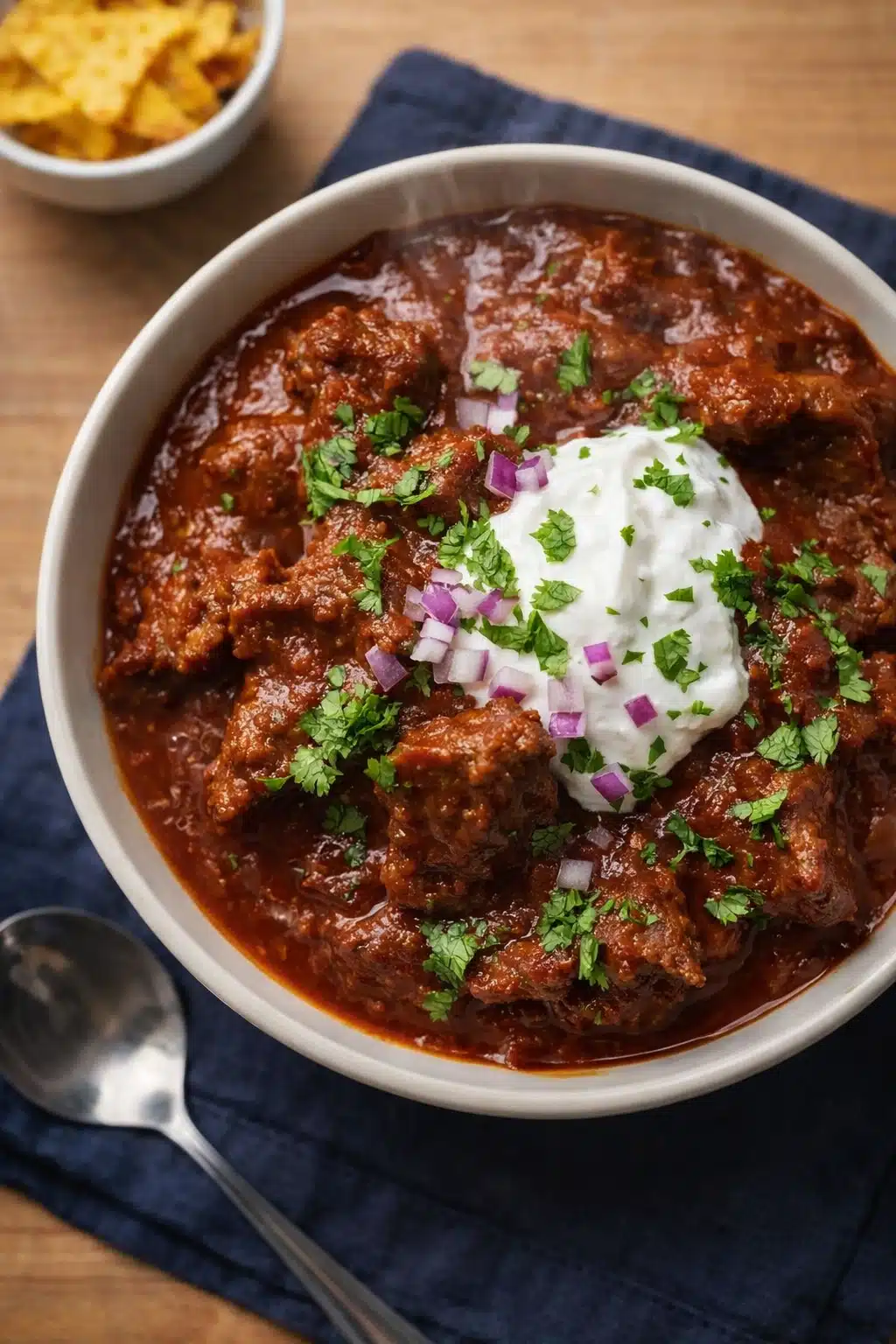 home 6 Best Award Winning Texas Chili in a white bowl with sour cream and cilantro on a dark blue napkin