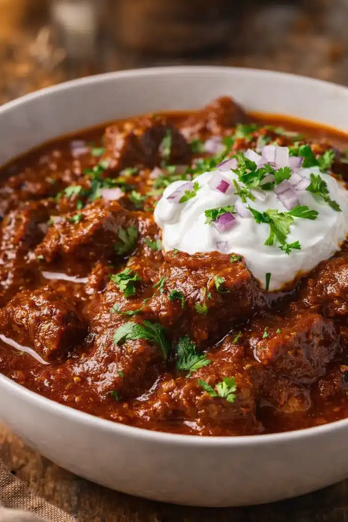 Best Award Winning Texas Chili with sour cream, onions, and cilantro on rustic wooden background