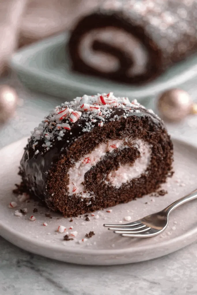 Best Christmas Peppermint Roll Cake | Amazing Holiday Dessert 6 Best Christmas Peppermint Roll Cake slice on a white plate with chocolate ganache and crushed candy topping