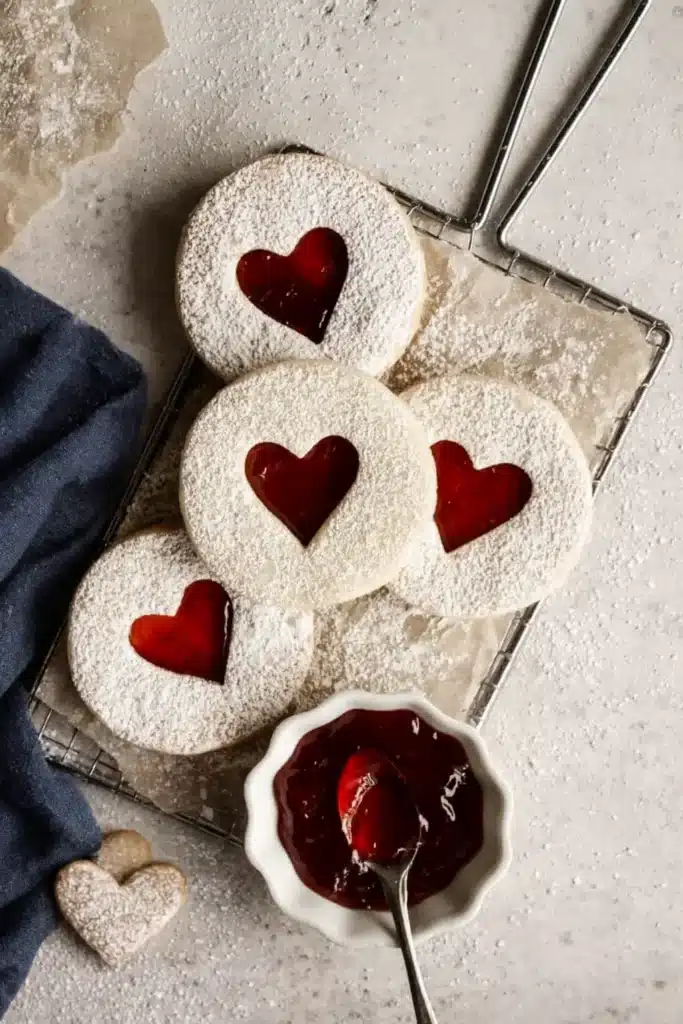 Best Jam Cookies – Sweet, Buttery & Irresistibly Good 8 Best Jam Cookies with heart-shaped strawberry filling on a cooling rack