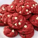 Best Red Velvet Cake Mix Cookies on a white plate with white chocolate chips