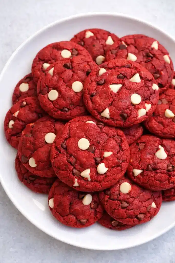Red velvet cake mix cookies on white plate with white chocolate chips