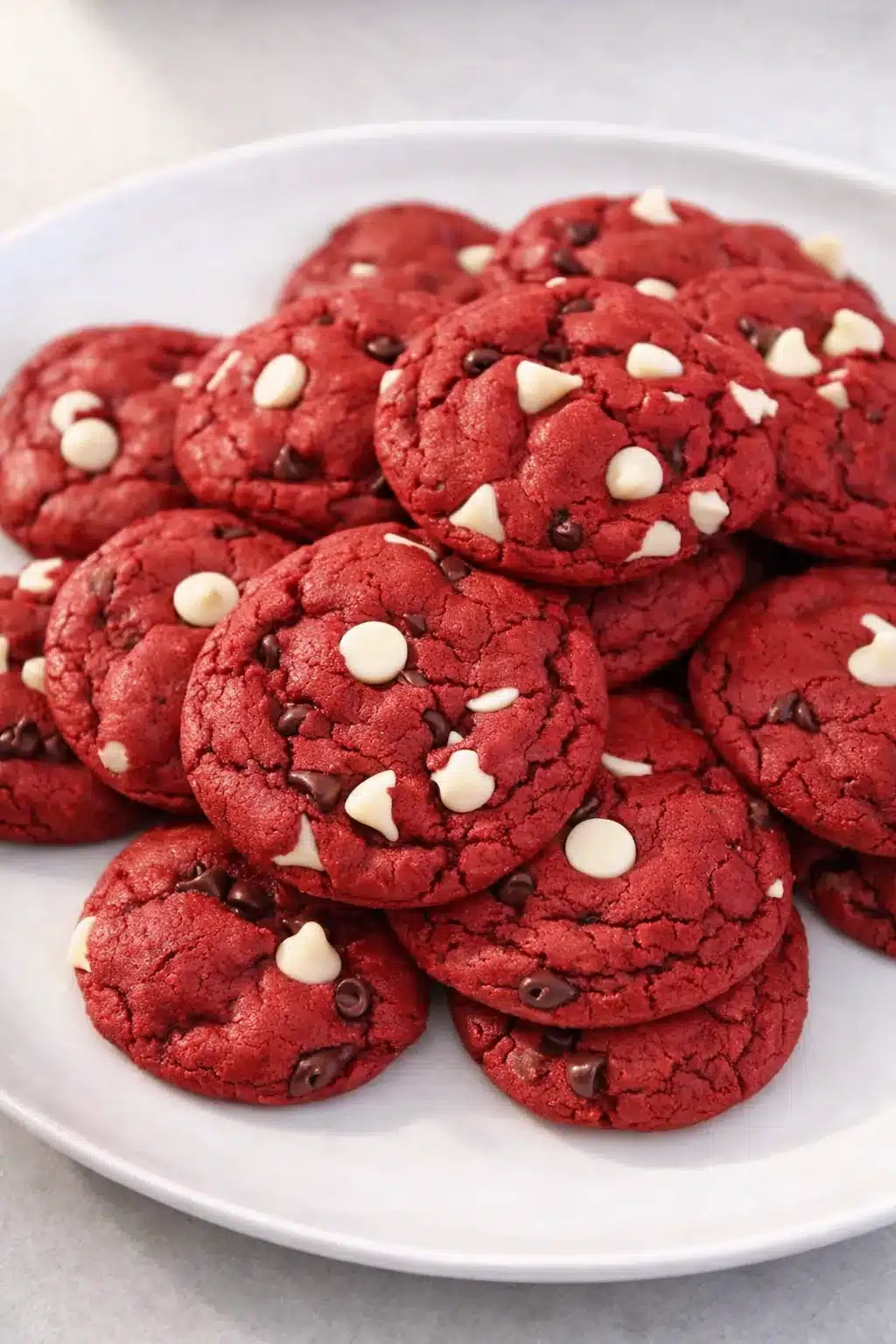 Best Red Velvet Cake Mix Cookies on a white plate with white chocolate chips