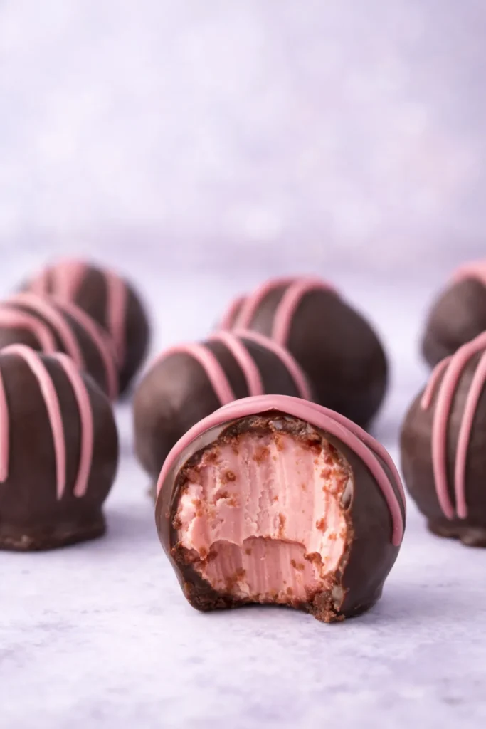 Bitten chocolate raspberry truffle with pink drizzle and creamy filling