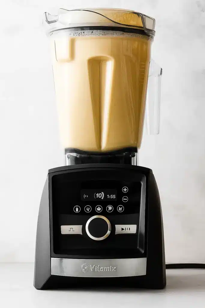 Blender mixing creamy homemade eggnog on white background