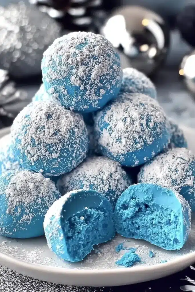 Blue Christmas truffles coated in powdered sugar on a white plate