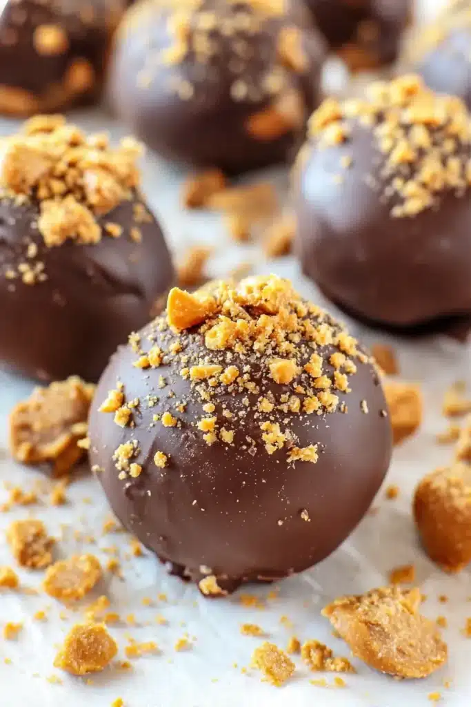 Butterfinger Nutter Butter Truffles | Easy No-Bake Treat 6 Close-up of Butterfinger Nutter Butter truffles coated in chocolate with candy topping