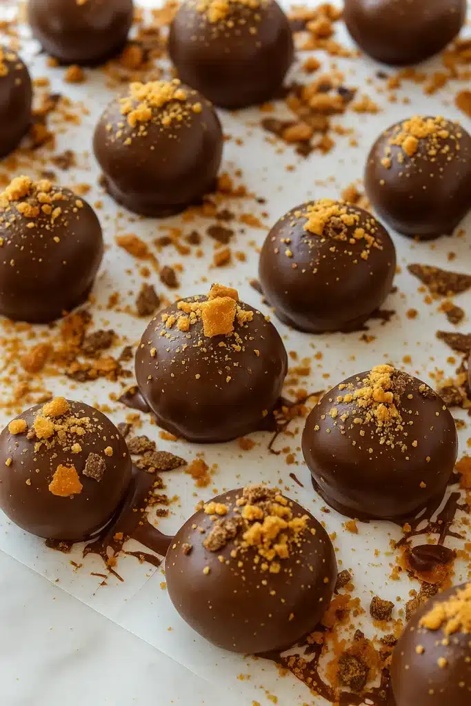 Butterfinger Nutter Butter Truffles | Easy No-Bake Treat 7 Butterfinger Nutter Butter truffles topped with crushed candy on parchment