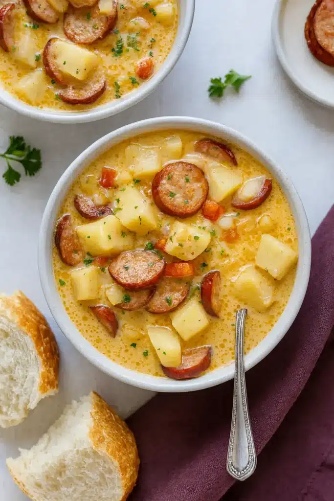 Easy Cajun Potato Soup: Creamy, Spicy Southern Comfort 6 Cajun potato soup with sausage and potatoes in a white bowl