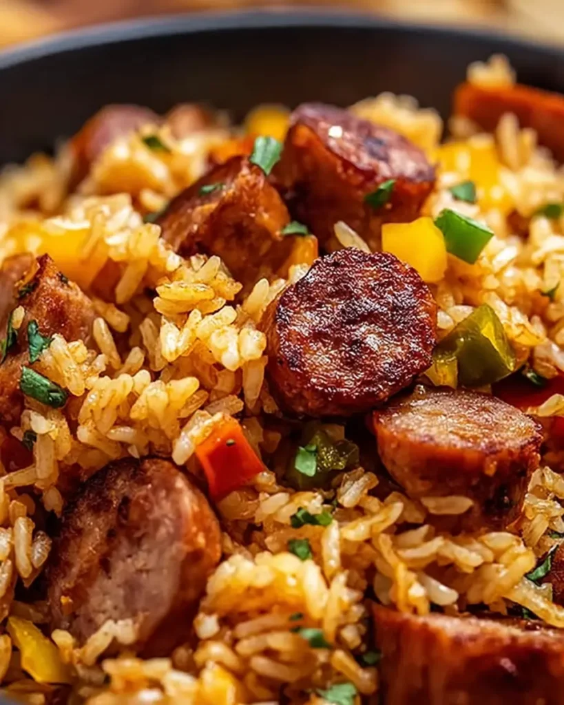 Cajun Sausage and Rice Skillet | Easy One-Pan Dinner 5 Cajun sausage and rice in black bowl with peppers and parsley