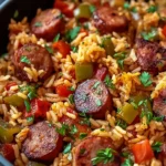 Cajun sausage and rice skillet in a black bowl with peppers and parsley
