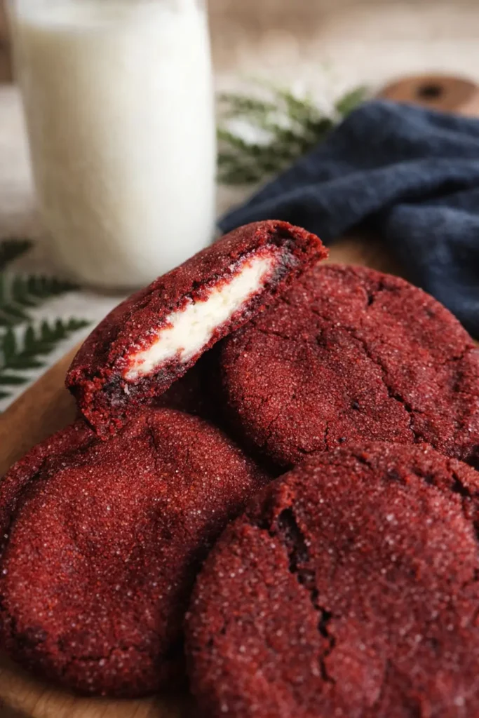 Cheesecake stuffed red velvet cookies with creamy filling on wooden board