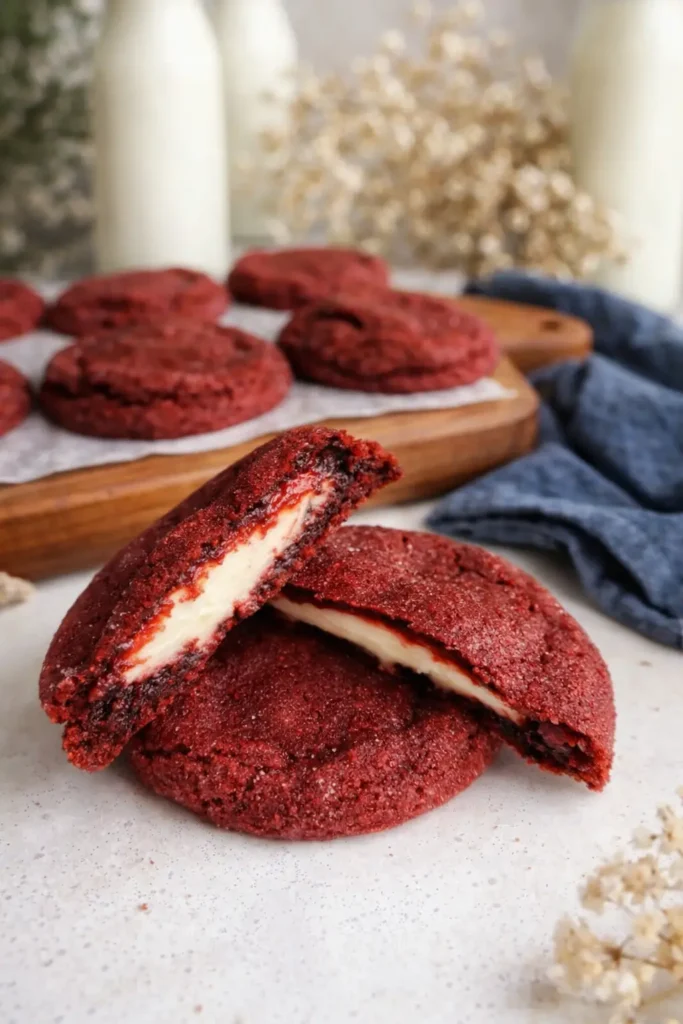 Cheesecake stuffed red velvet cookies with creamy filling on wooden board