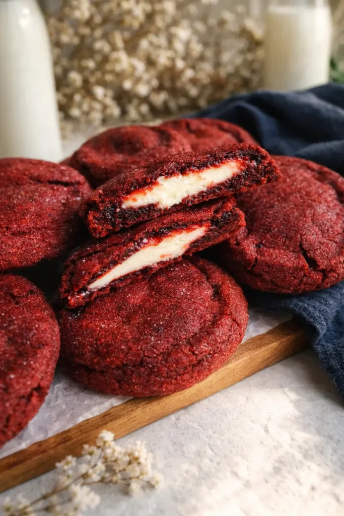 Cheesecake stuffed red velvet cookies with creamy filling on wooden board