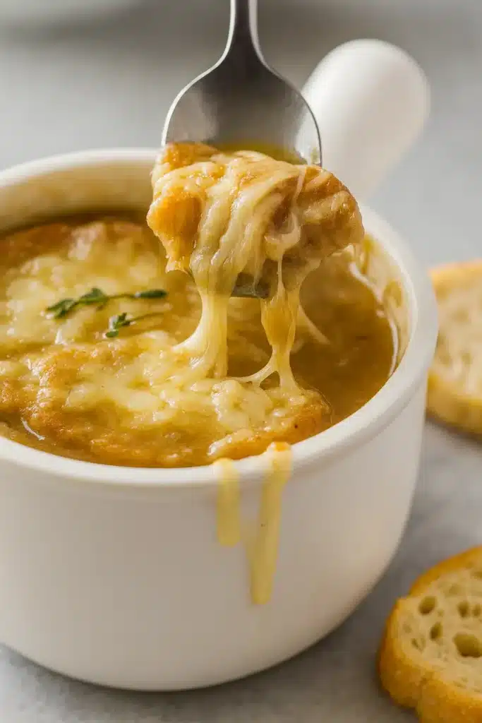 French Onion Soup Recipe | Amazing Bistro Comfort 7 French onion soup with melted Gruyere cheese and bread on a brown table