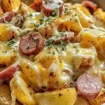 Cheesy ranch potatoes and smoked sausage in a creamy melted cheese sauce