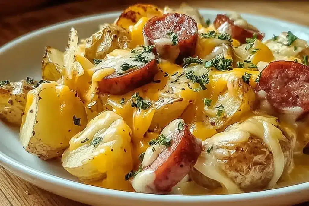 Cheesy Ranch Potatoes and Smoked Sausage | Easy Dinner 6 Cheesy ranch potatoes and smoked sausage topped with melted cheddar