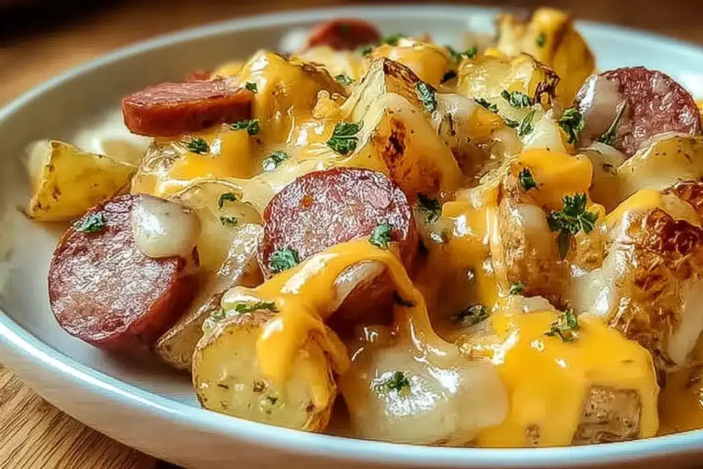 Cheesy Ranch Potatoes and Smoked Sausage | Easy Dinner 7 Cheesy ranch potatoes and smoked sausage topped with melted cheddar