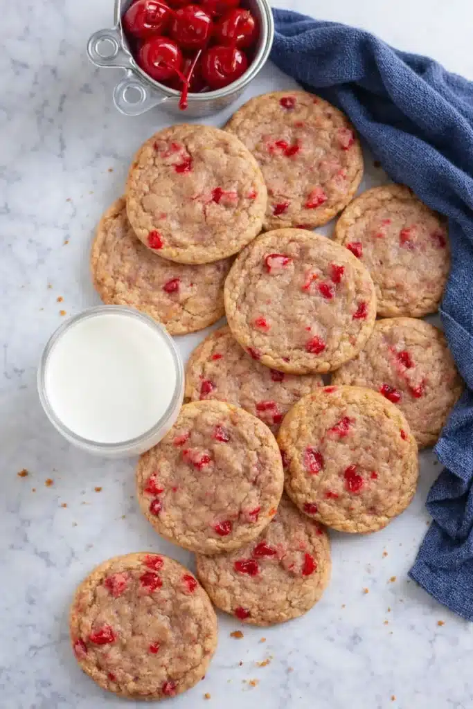 Cherry Almond Cookies – Soft, Sweet & Irresistible Treats 5 Overhead view of cherry almond cookies with milk and cherries on white background