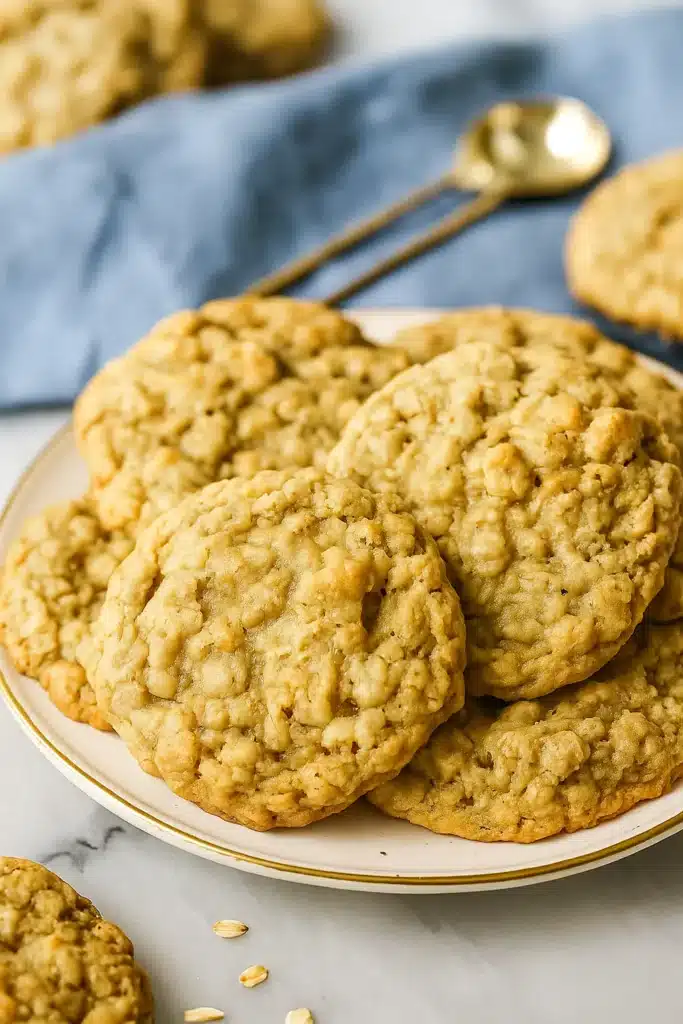 Oatmeal Cookies Recipe – Chewy, Warm & Irresistible 10 Chewy oatmeal cookies on plate with blue napkin