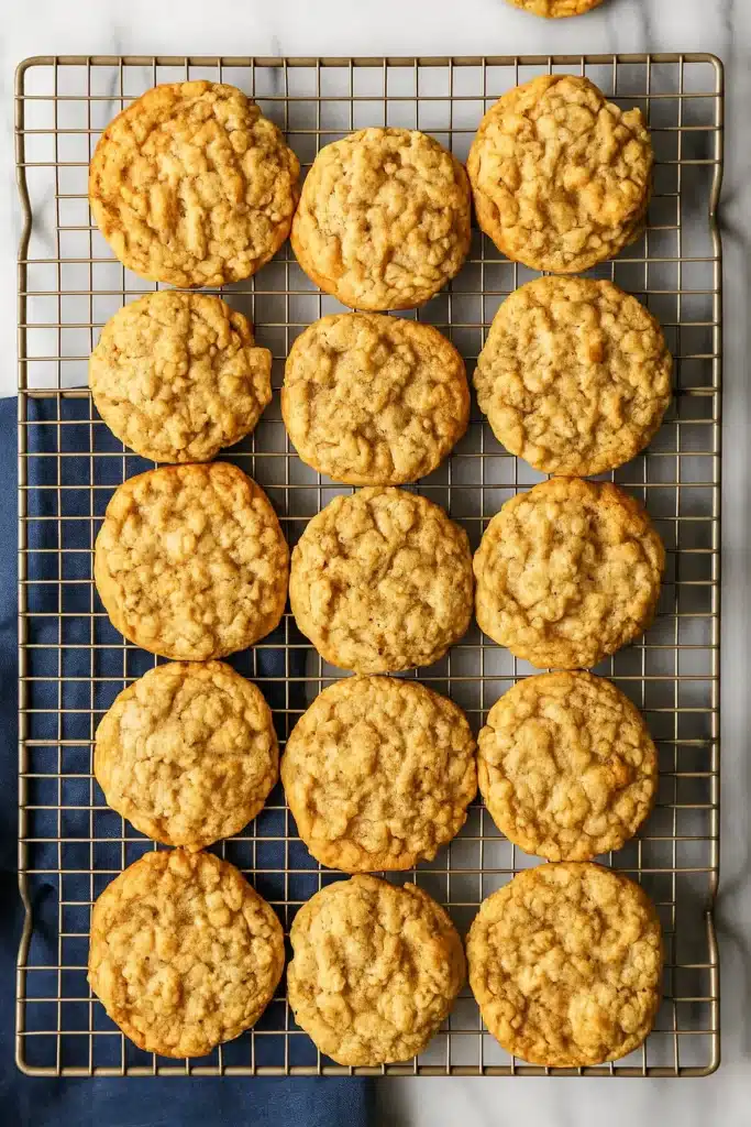 Oatmeal Cookies Recipe – Chewy, Warm & Irresistible 9 Oatmeal cookies cooling on wire rack with blue napkin