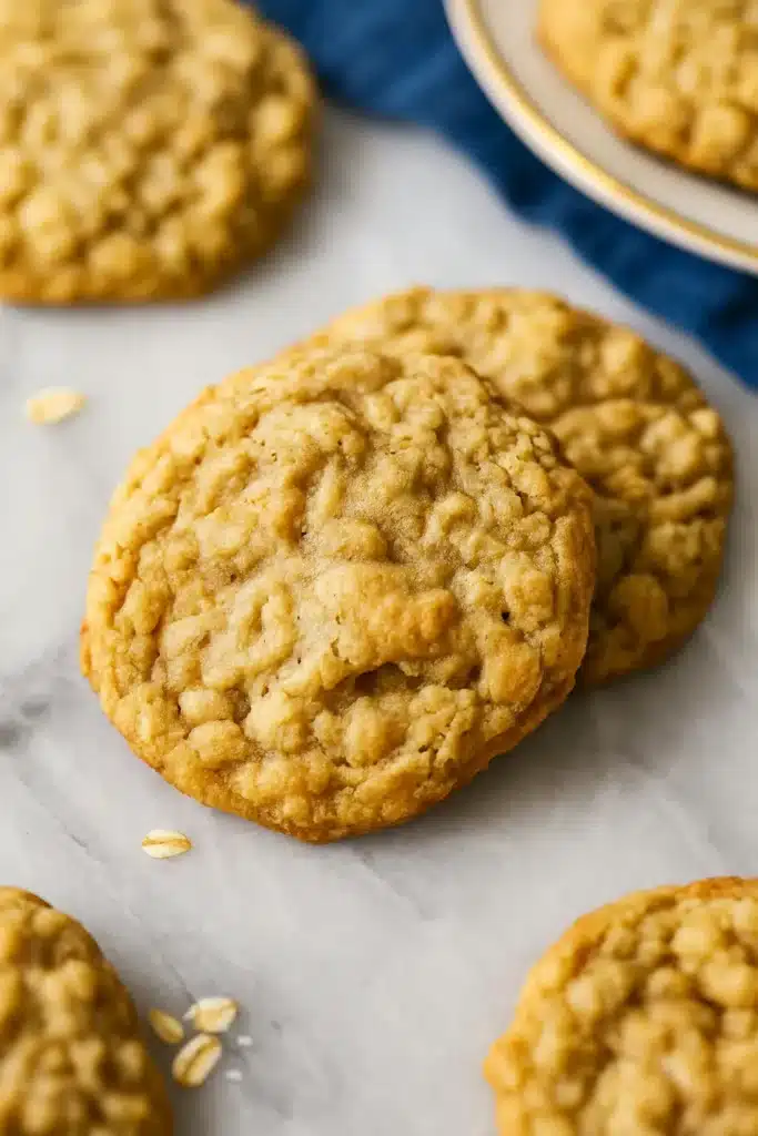 Chewy oatmeal cookies on marble surface with blue napkin