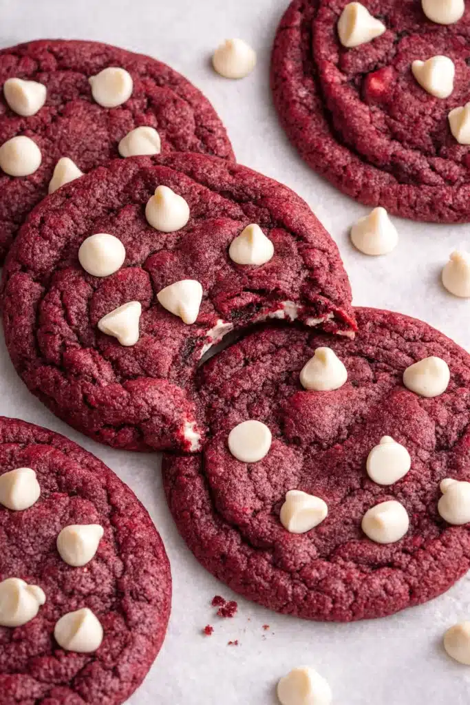 Chewy red velvet cookies with white chocolate chips on white parchment paper