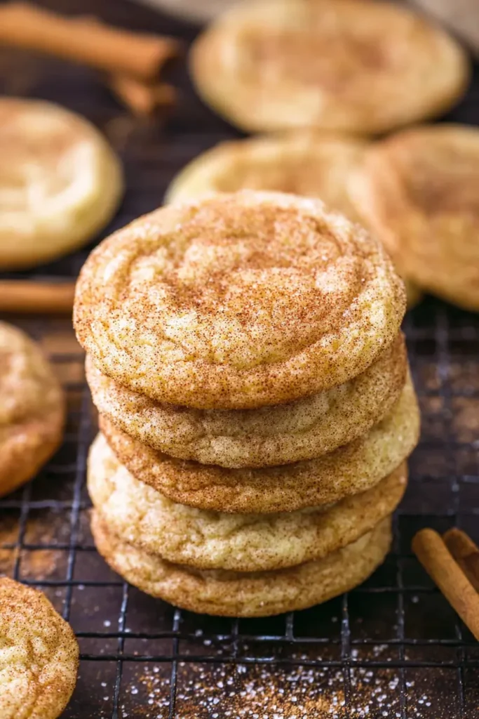 Chewy Snickerdoodle Cookies – Ultimate Soft Holiday Treat 19 Stack of chewy snickerdoodle cookies on cooling rack with cinnamon sugar