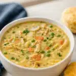 Easy chicken pot pie soup with vegetables and biscuits in a bowl