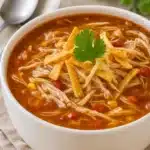 Close-up bowl of chicken tortilla soup with cheese and tortilla strips