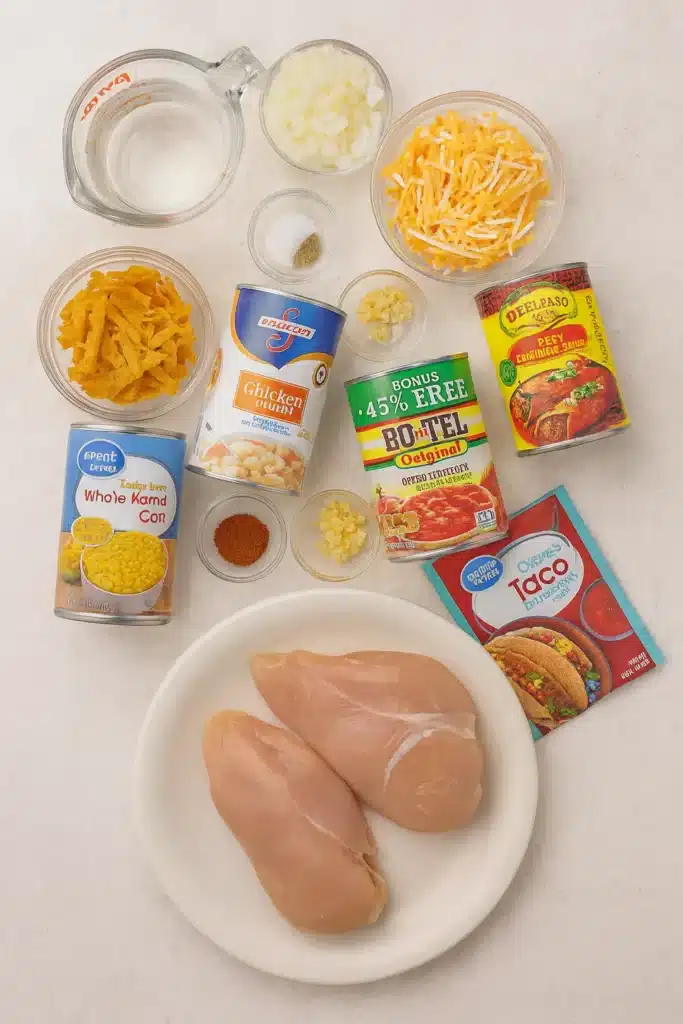 Chicken tortilla soup ingredients arranged on white-gray table