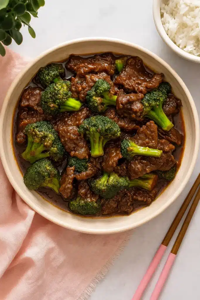 Easy Chinese beef and broccoli in glossy brown sauce served with rice on a soft pastel background