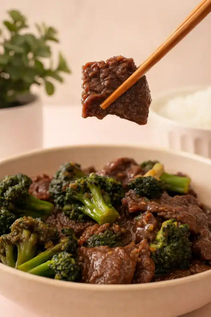 Easy Chinese Beef and Broccoli | Quick & Delicious Dinner 7 Tender beef piece held by chopsticks over Chinese beef and broccoli bowl
