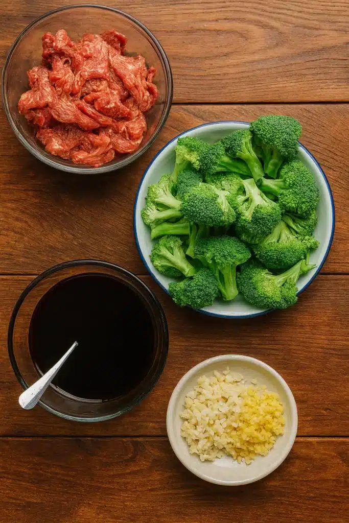 Chinese beef and broccoli ingredients laid out in bowls on brown surface