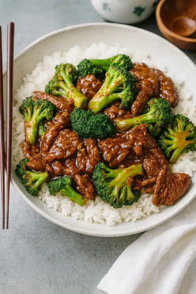 Chinese beef and broccoli served over white rice in rustic bowl