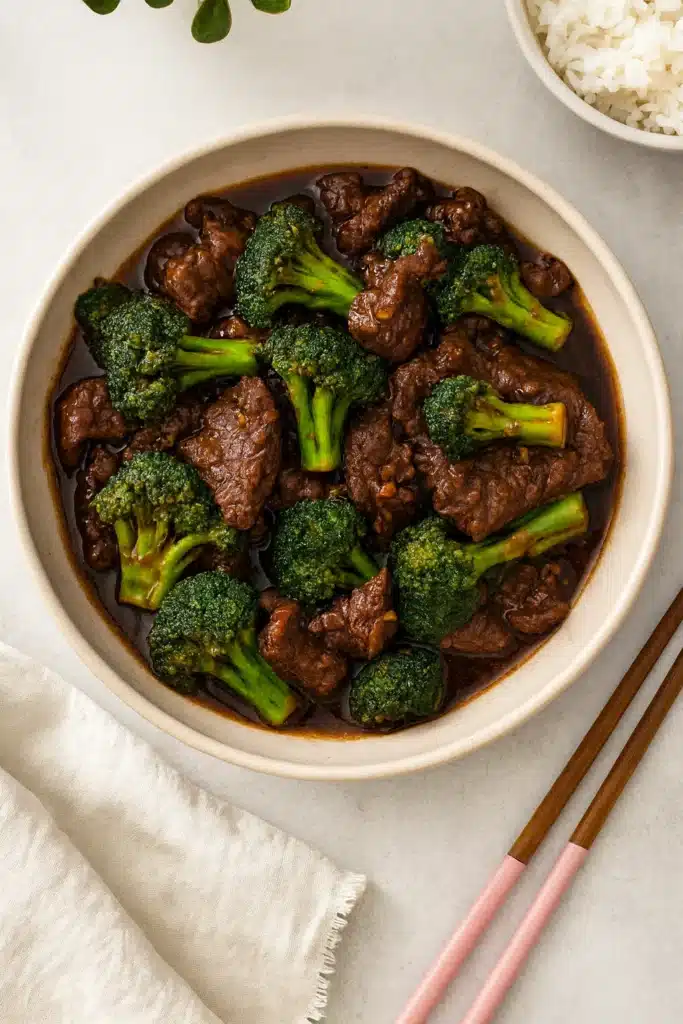 Easy Chinese Beef and Broccoli | Quick & Delicious Dinner 10 Chinese beef and broccoli served in bowl with rice on white-gray table